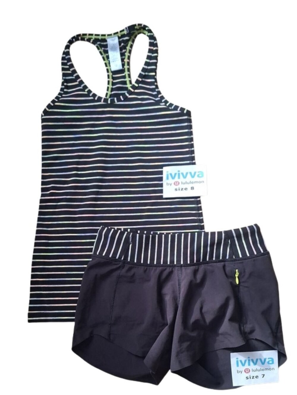 Ivivva Thin Multicolor Stripes Racer Tank Top and Black Matching Shorts size 7-8